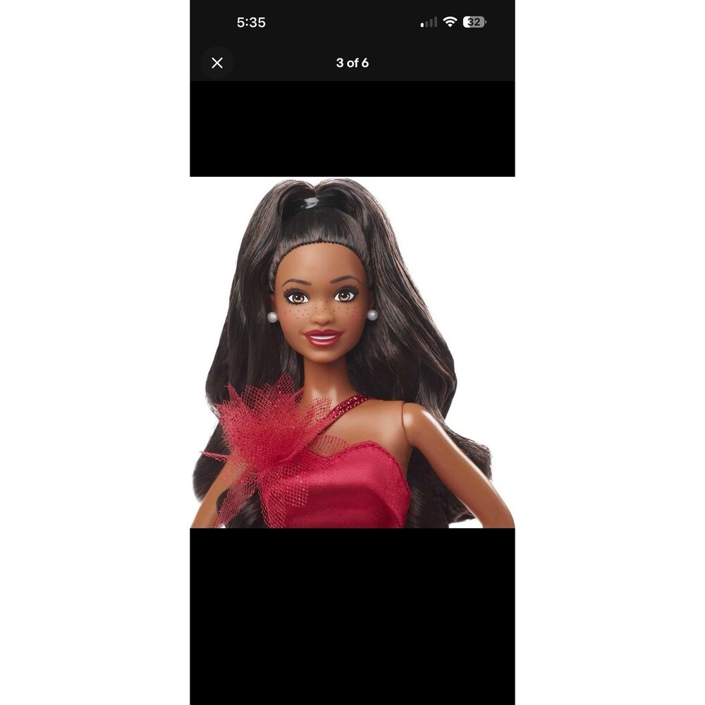 Barbie Signature 2022 Holiday Doll, Dark-Brown Wavy Hair Wearing Red Poinsett...
